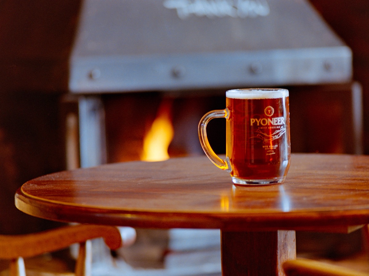 Pint of Pyoneer ale by the fire, Gwaelod y Garth Inn